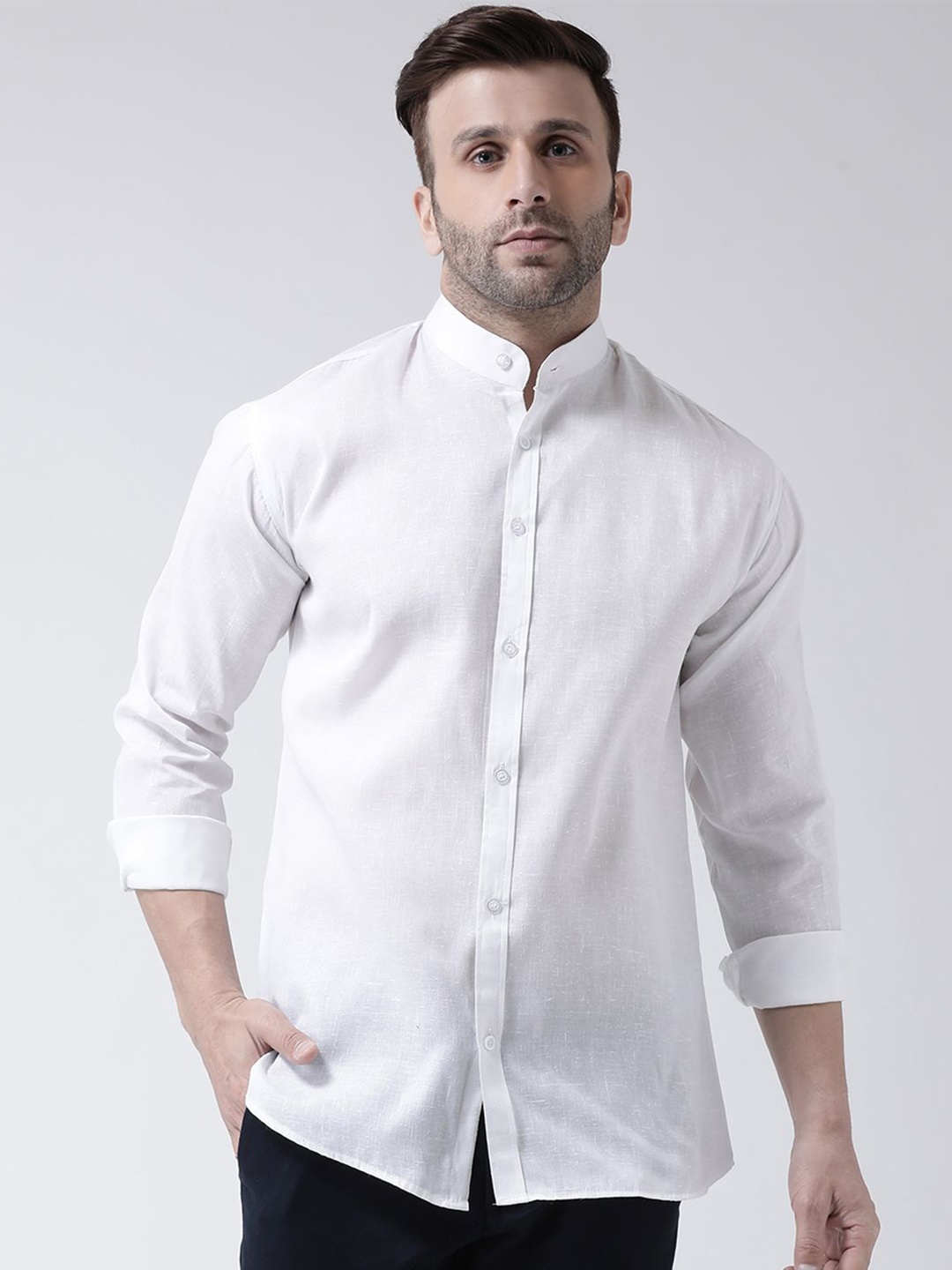 

KLOSET BY RIAG Men Classic Band Collar Solid Cotton Casual Shirt, White