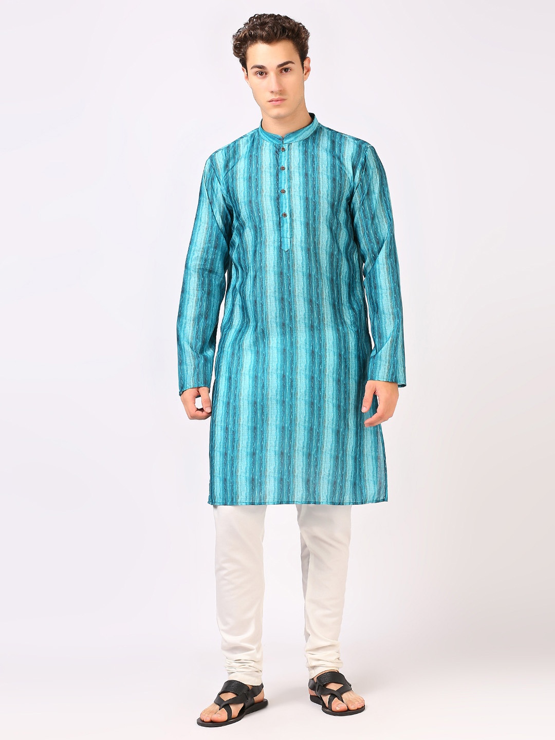 

BELLAZO Striped Mandarin Collar Thread Work Cotton Straight Kurta, Teal