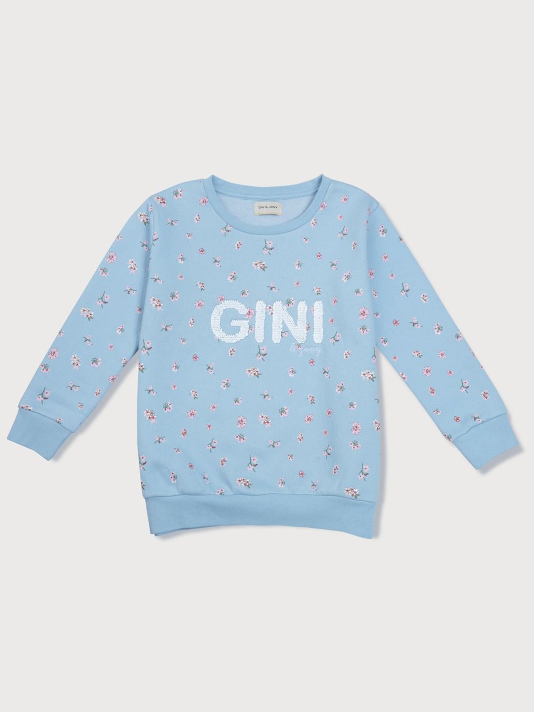 

Gini and Jony Girls Floral Printed Round Neck Cotton Pullover Sweatshirt, Blue