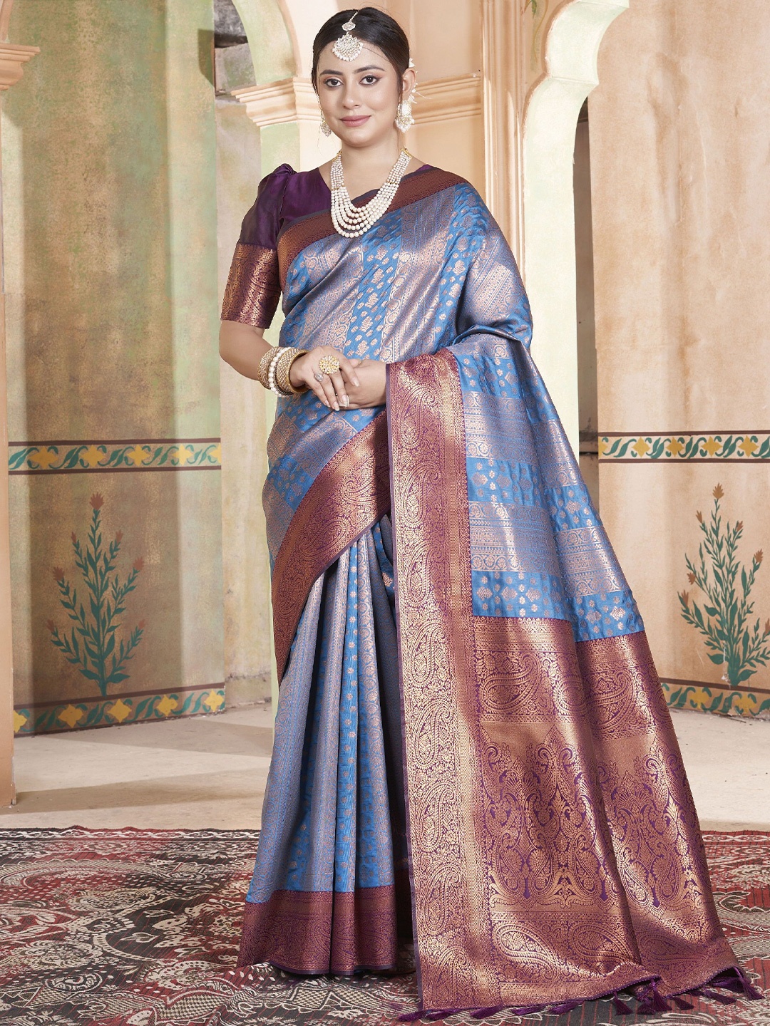 

KAYOMMI Ethnic Motifs Zari Kanjeevaram Saree, Blue