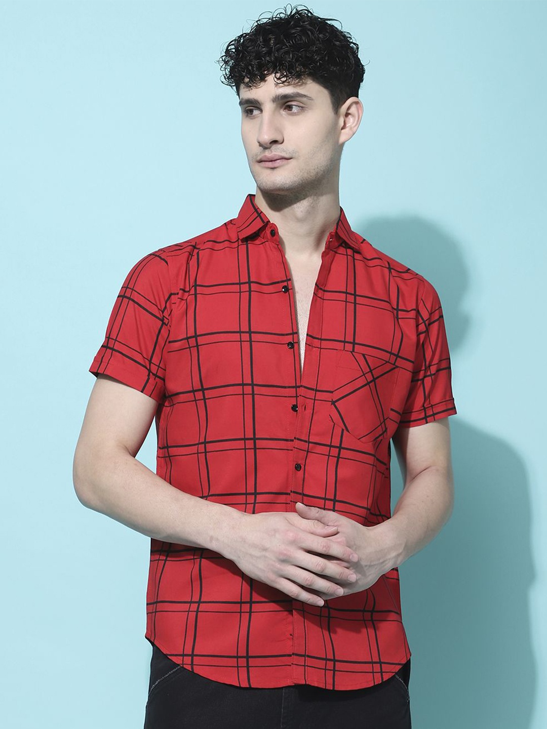 

Voroxy Men New Spread Collar Tartan Checked Cotton Casual Shirt, Red