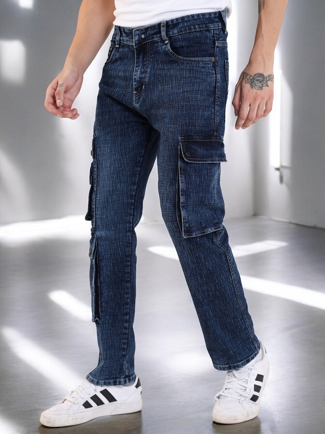 

BOTABOCHI Men Relaxed High-Rise Easy Wash Cargos Trousers, Navy blue