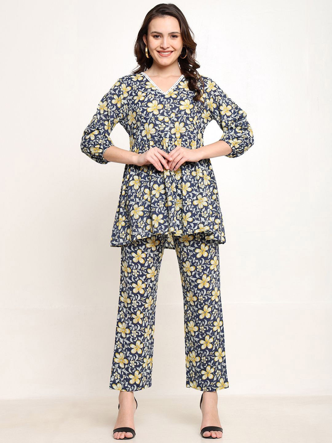 

CORDSET Printed Pure Cotton Tunic With Trousers Co-Ords, Blue