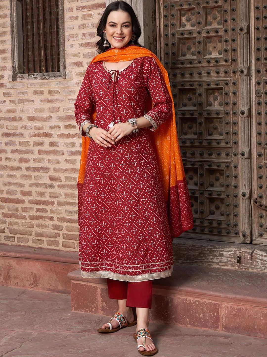 

BANDIA Bandhani Printed Mirror Work Pure Cotton A-Line Kurta with Trousers & Dupatta, Maroon