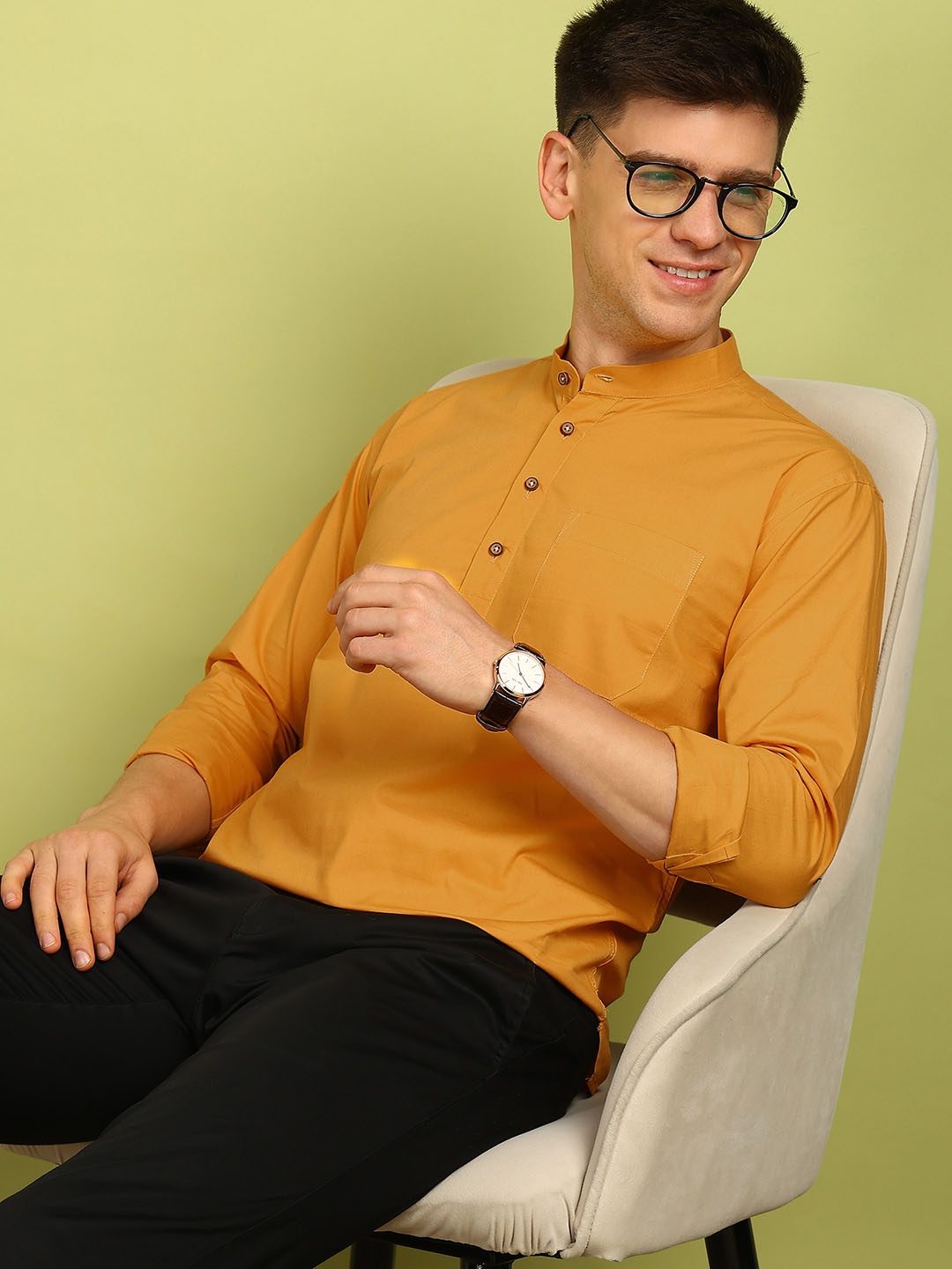 

FUBAR Mandarin Collar Pure Cotton Straight Short Kurta, Yellow