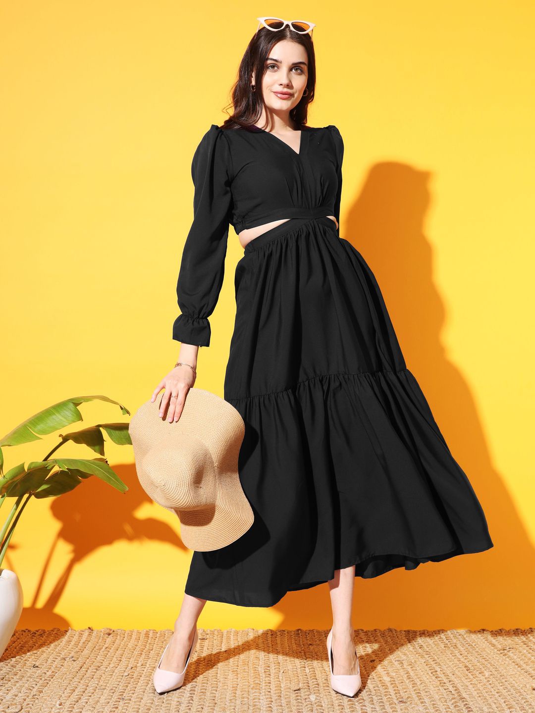 

ZWERLON Women Puff Sleeve Fit and Flare Maxi Dress, Black