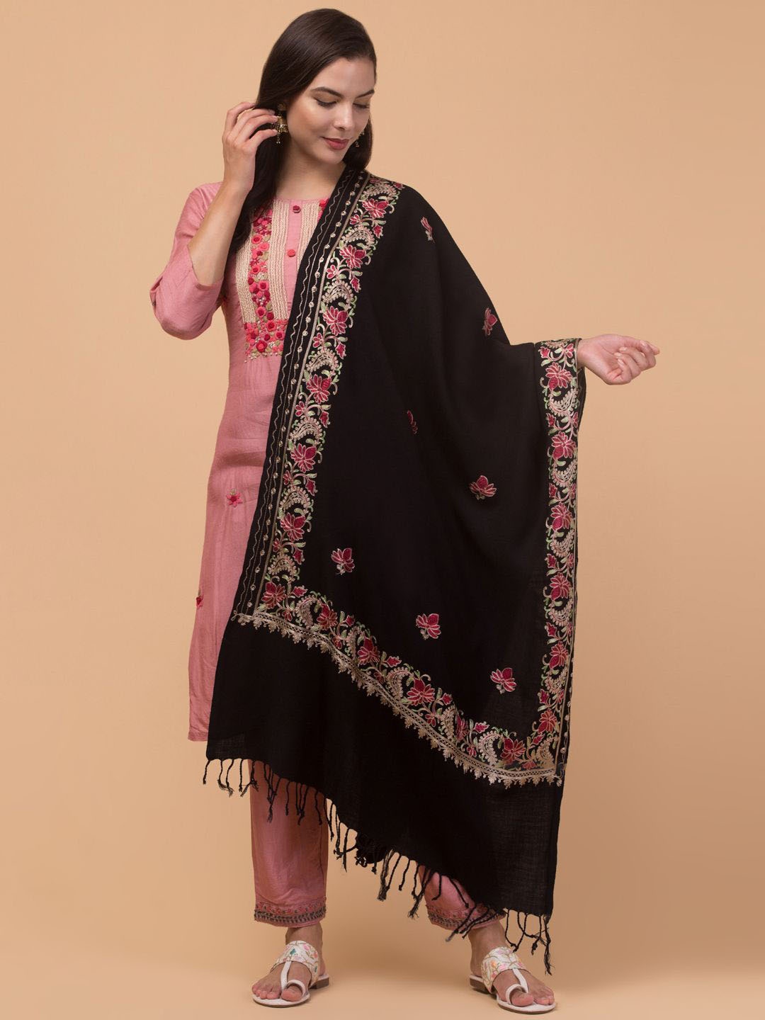 

Tweedle Floral Embroidered Acrylic Woollen Shawl, Black