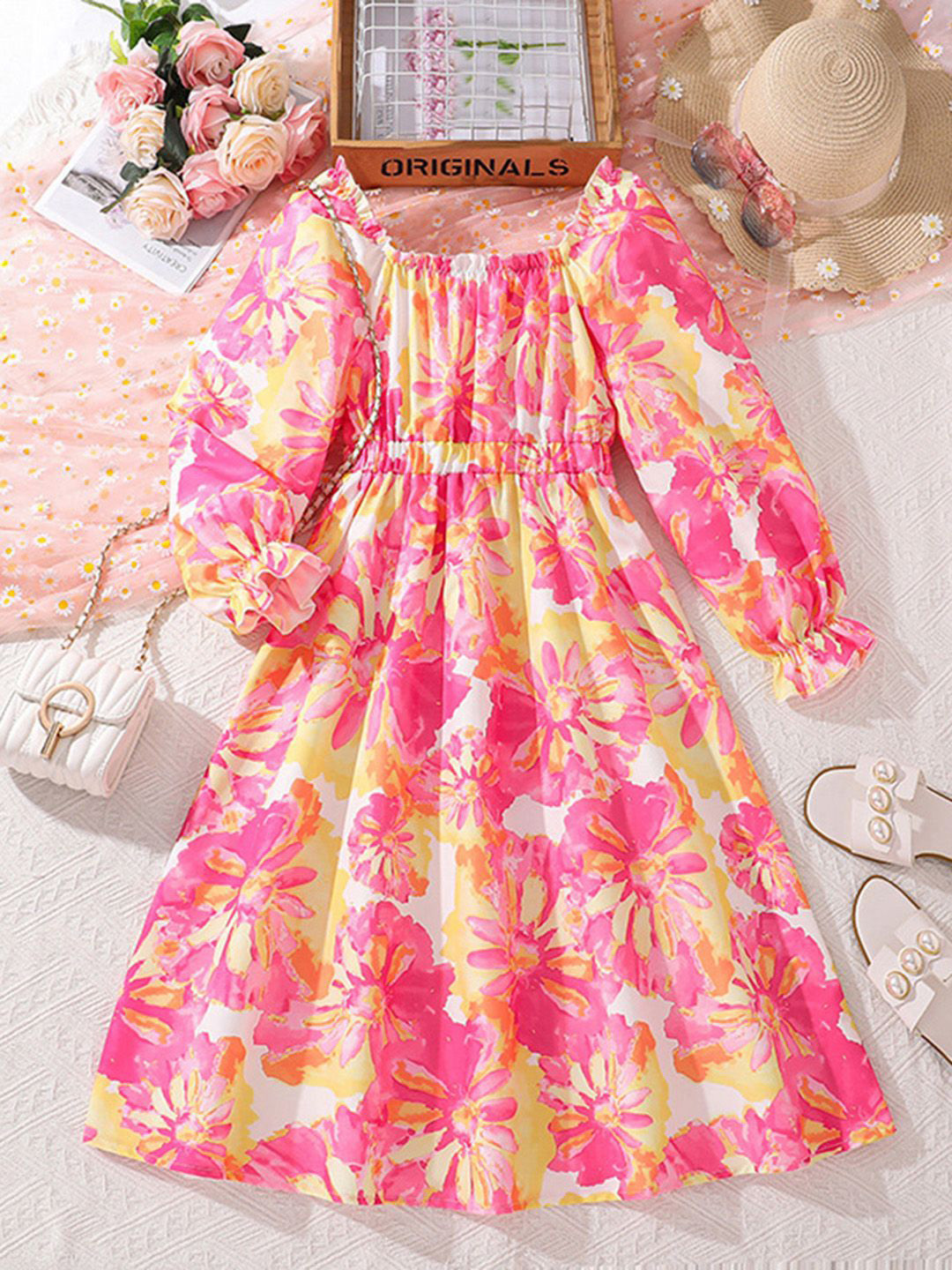 

INCLUD Girls Floral Printed Fit & Flare Dress, Pink