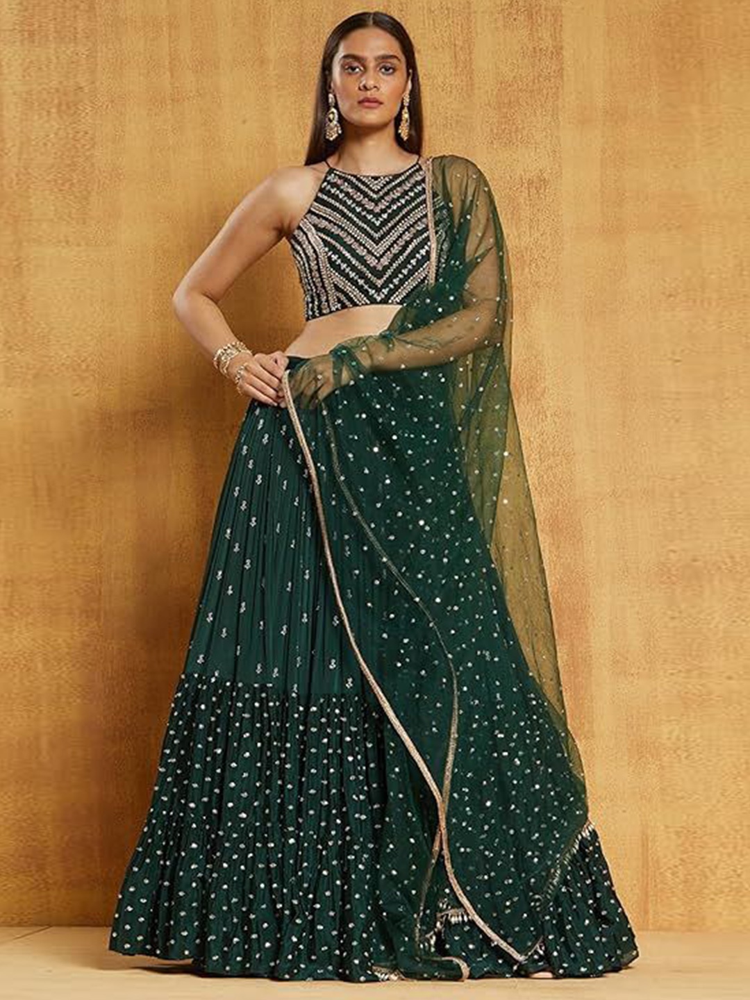 

JIHU CULTURE Sequin Embellished Semi Stitched Lehenga & Unstitched Blouse With Dupatta, Green