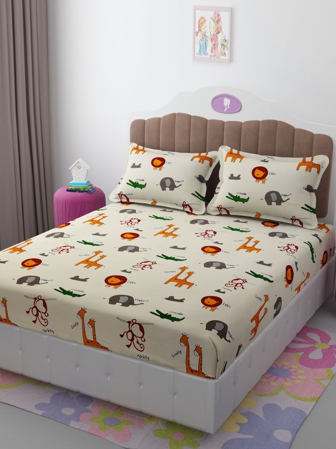 

AaHo Decor Cream-Coloured Cartoon Characters Double King Fitted Bedsheet & 2 Pillow Covers