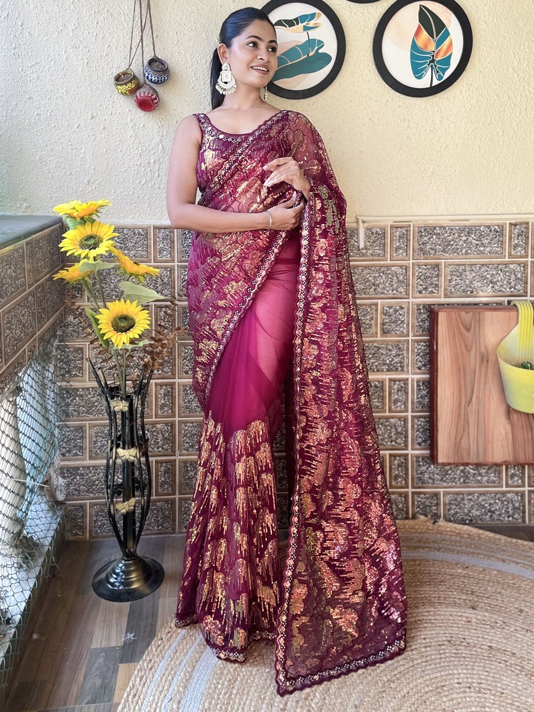 

LeeliPeeri Designer Embellished Sequinned Net Saree, Purple