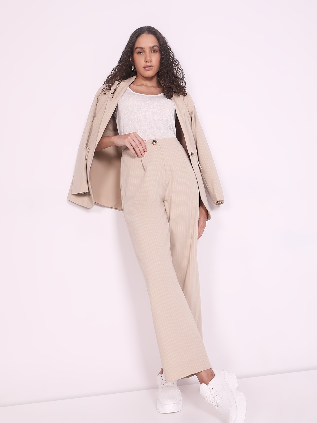 

Vero Moda Women Striped Straight Fit High-Rise Pleated Trousers, Beige