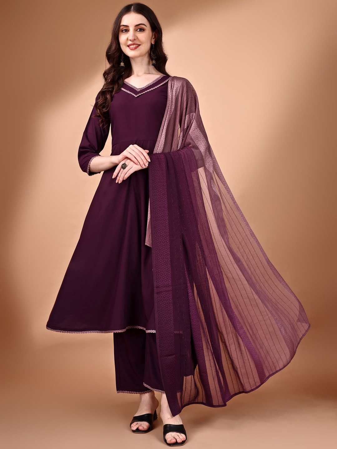 

KALINI Gotta Patti V-Neck Anarkali Kurta WNAith Palazzo & Dupatta, Purple