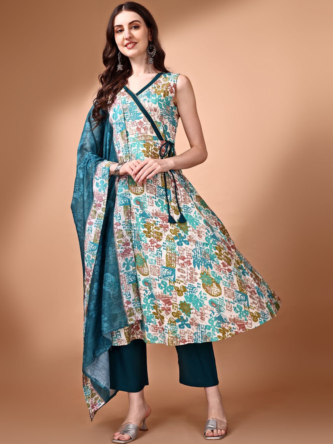 

KALINI Floral Printed Gotta Patti Anarkali Kurta with Palazzos & Dupatta, Green