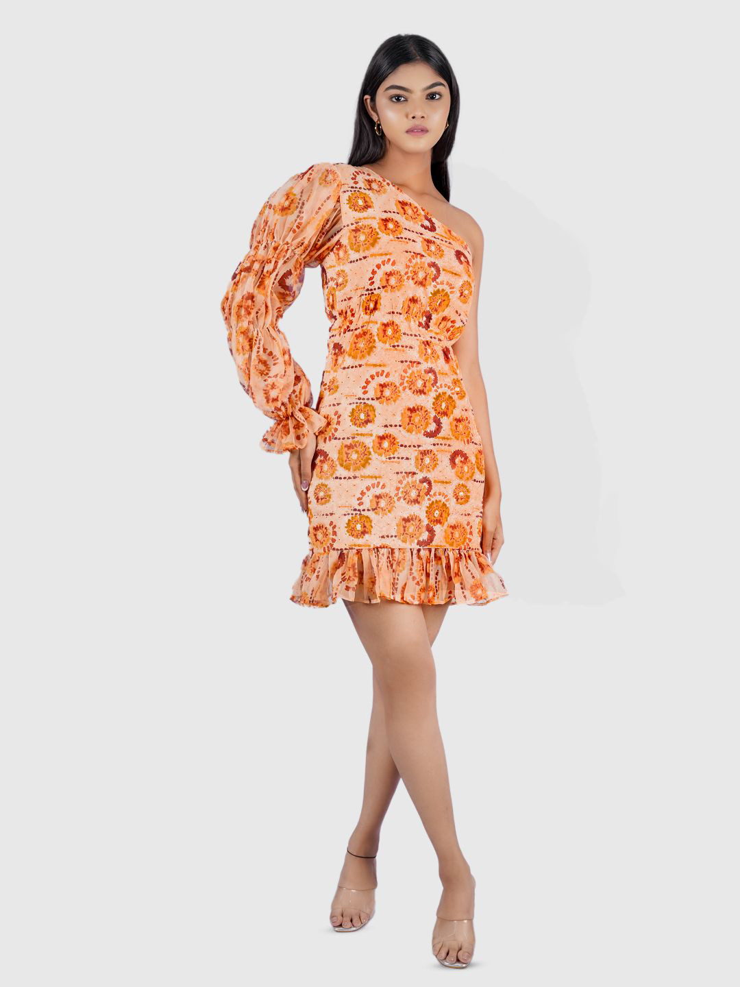 

Nesha India Bohemian Printed One Shoulder Puff Sleeve Ruffled Bodycon Mini Dress, Peach