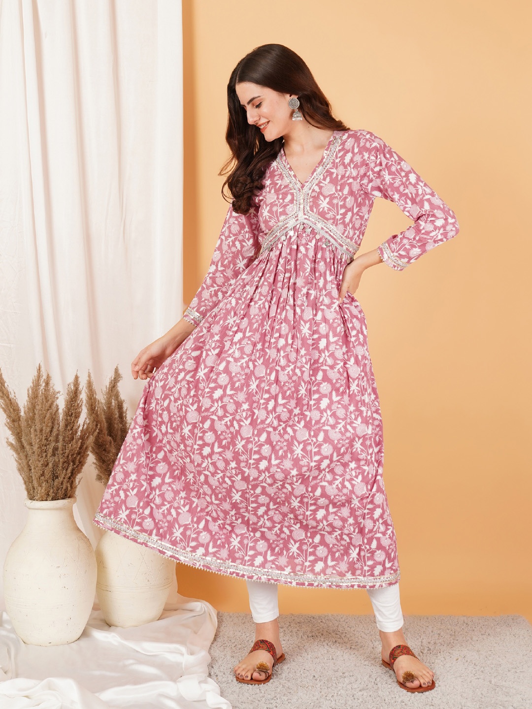 

COTLAND FASHION Floral Printed Empire Beads & Stones Pure Cotton A-Line Kurta, Pink