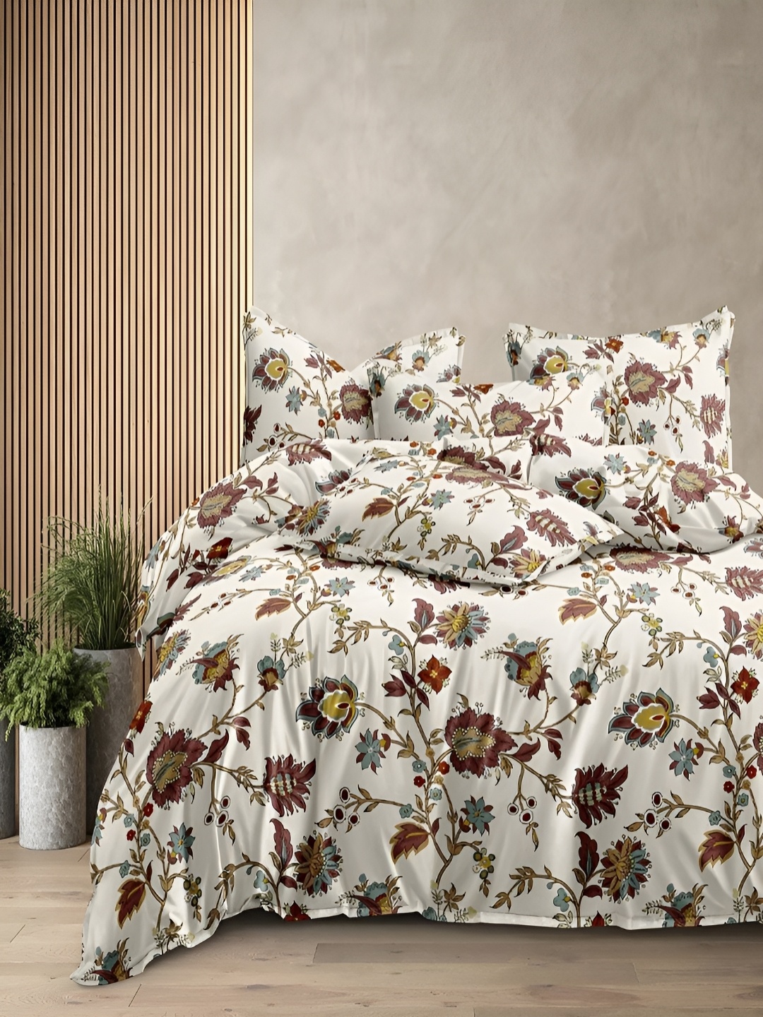 

CHICERY Brown & White Floral Printed Pure Cotton Single Bed Duvet Cover With Zipper