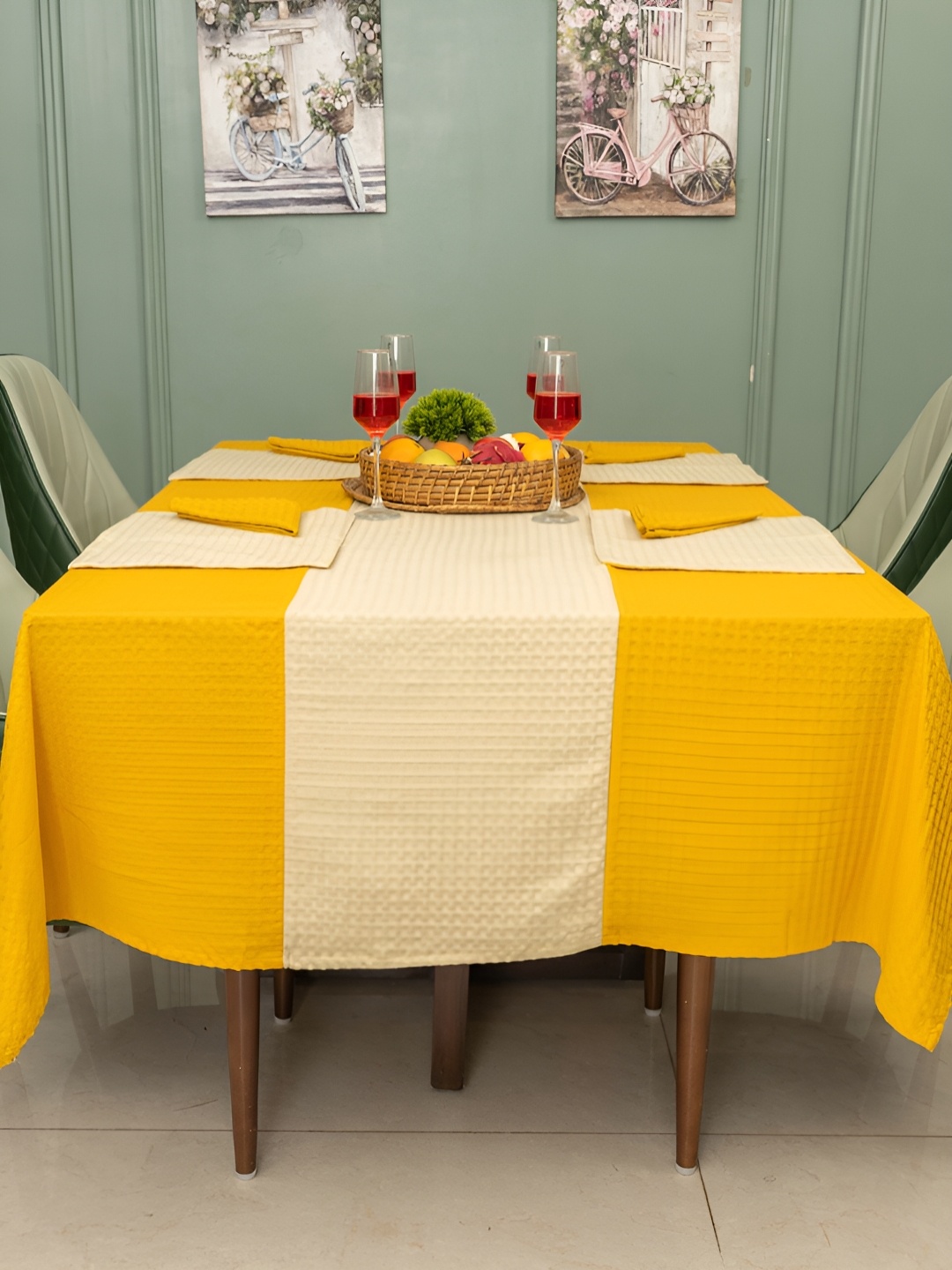 

URBAN SPACE 6Pcs Mustard & Beige Pure Cotton Textured Table Linen Sets