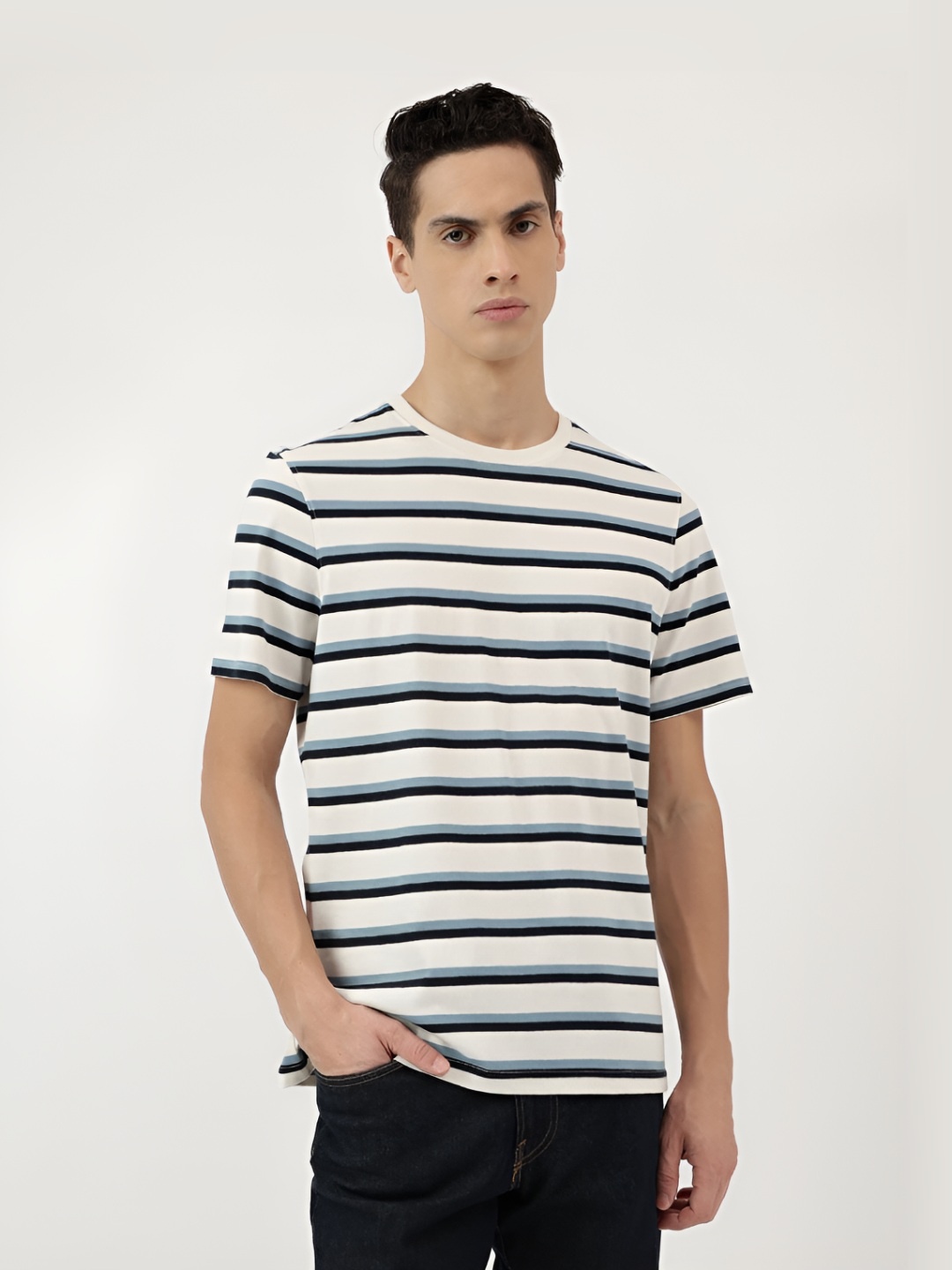 

Marks & Spencer Men Striped Round Neck Cotton T-shirt, White