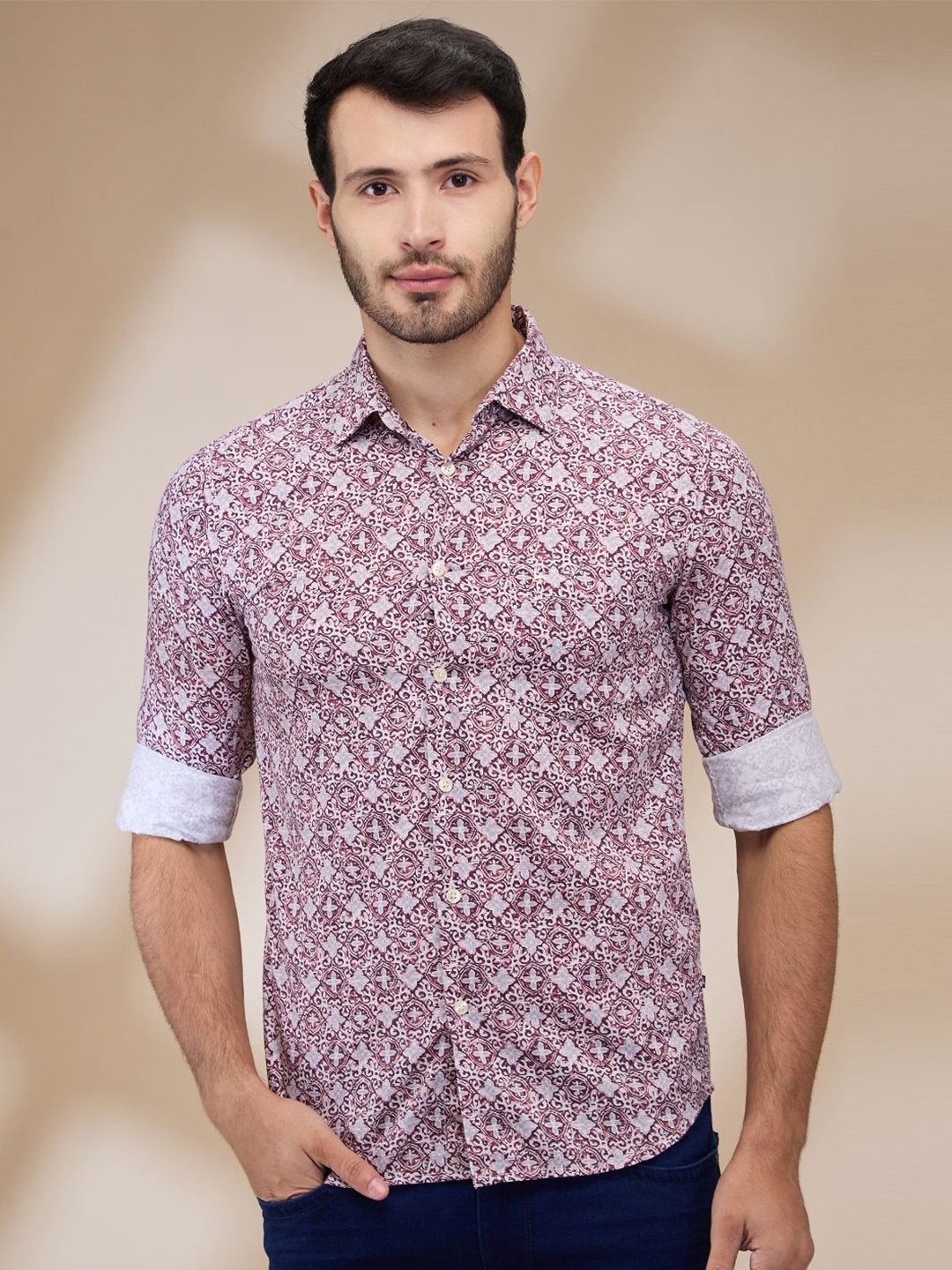 

Parx Men Spread Collar Floral Printed Cotton Slim Fit Casual Shirt, Maroon