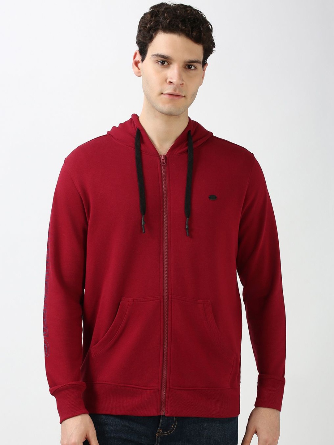 

Peter England Casuals Men Solid Hood Cotton Front-Open Sweatshirt, Maroon