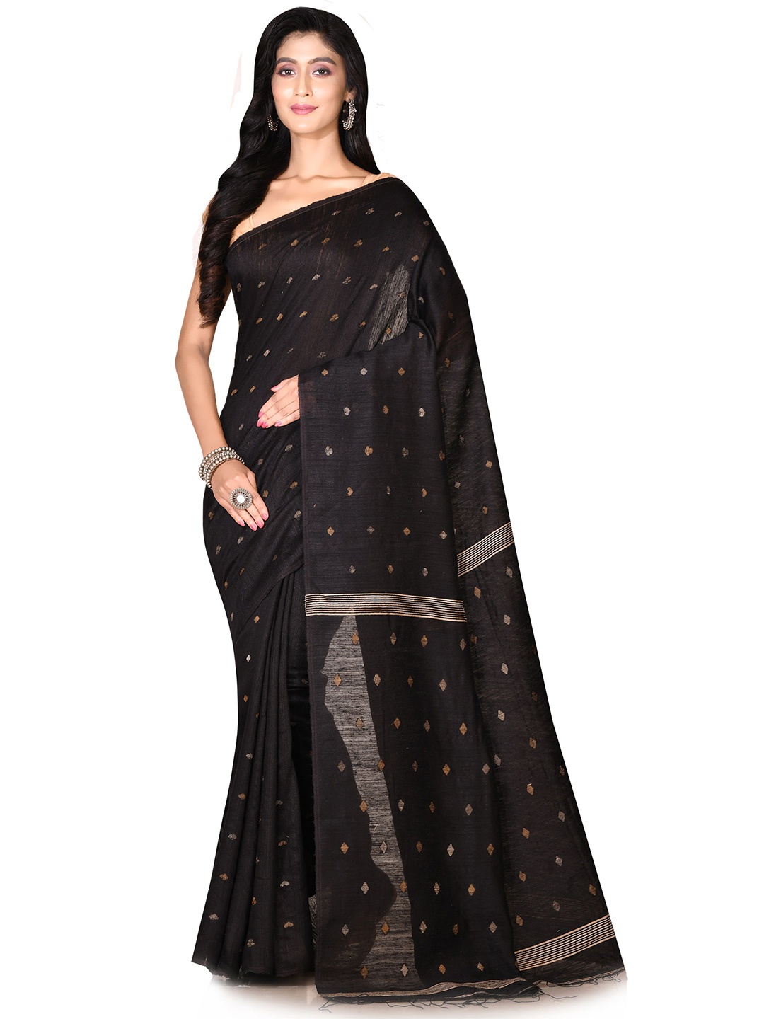 

SPRISH Ethnic Motifs Pure Silk Jamdani Saree, Black