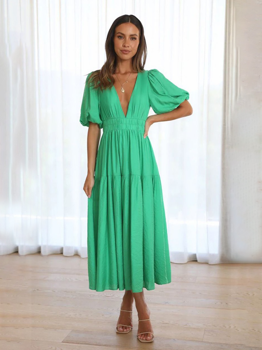 

MIAKEE Womens Solid V-Neck Puff Sleeve A-Line Midi Dress, Green