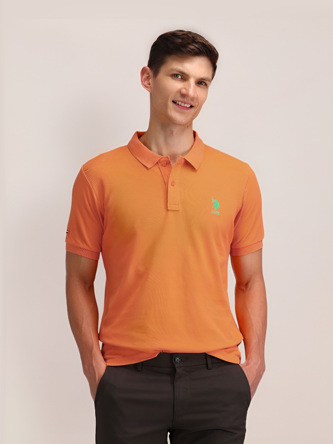 

U.S. Polo Assn. Men Brand Logo Solid Slim Fit Pure Cotton T-shirt, Orange