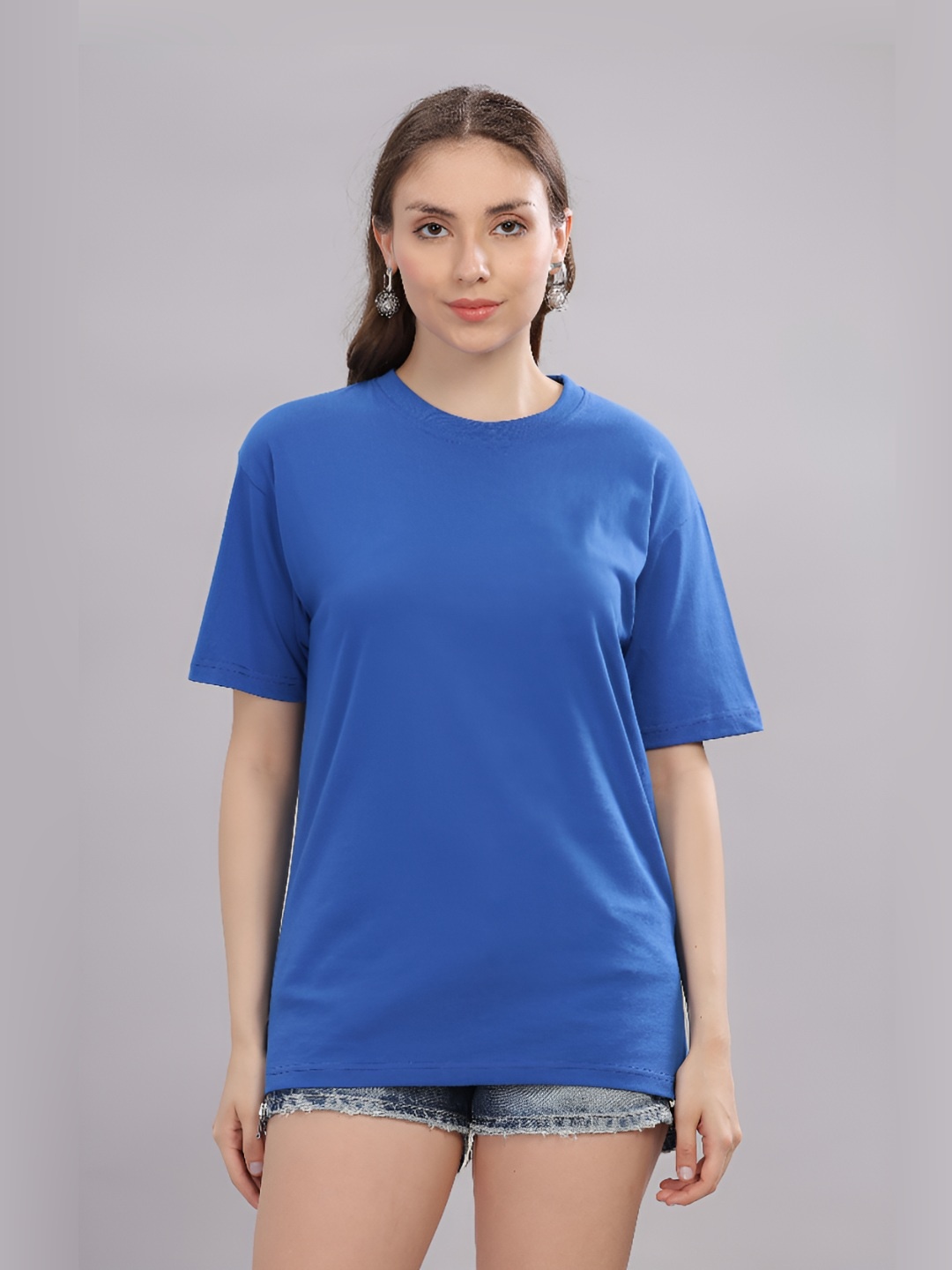 

FALTU.CO Women Solid Round Neck Pure Cotton Oversized T-shirt, Turquoise blue