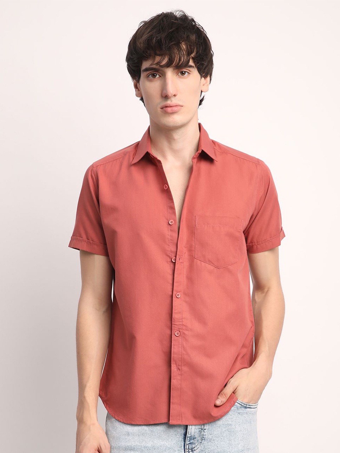 

Voroxy Men New Spread Collar Solid Cotton Casual Shirt, Red