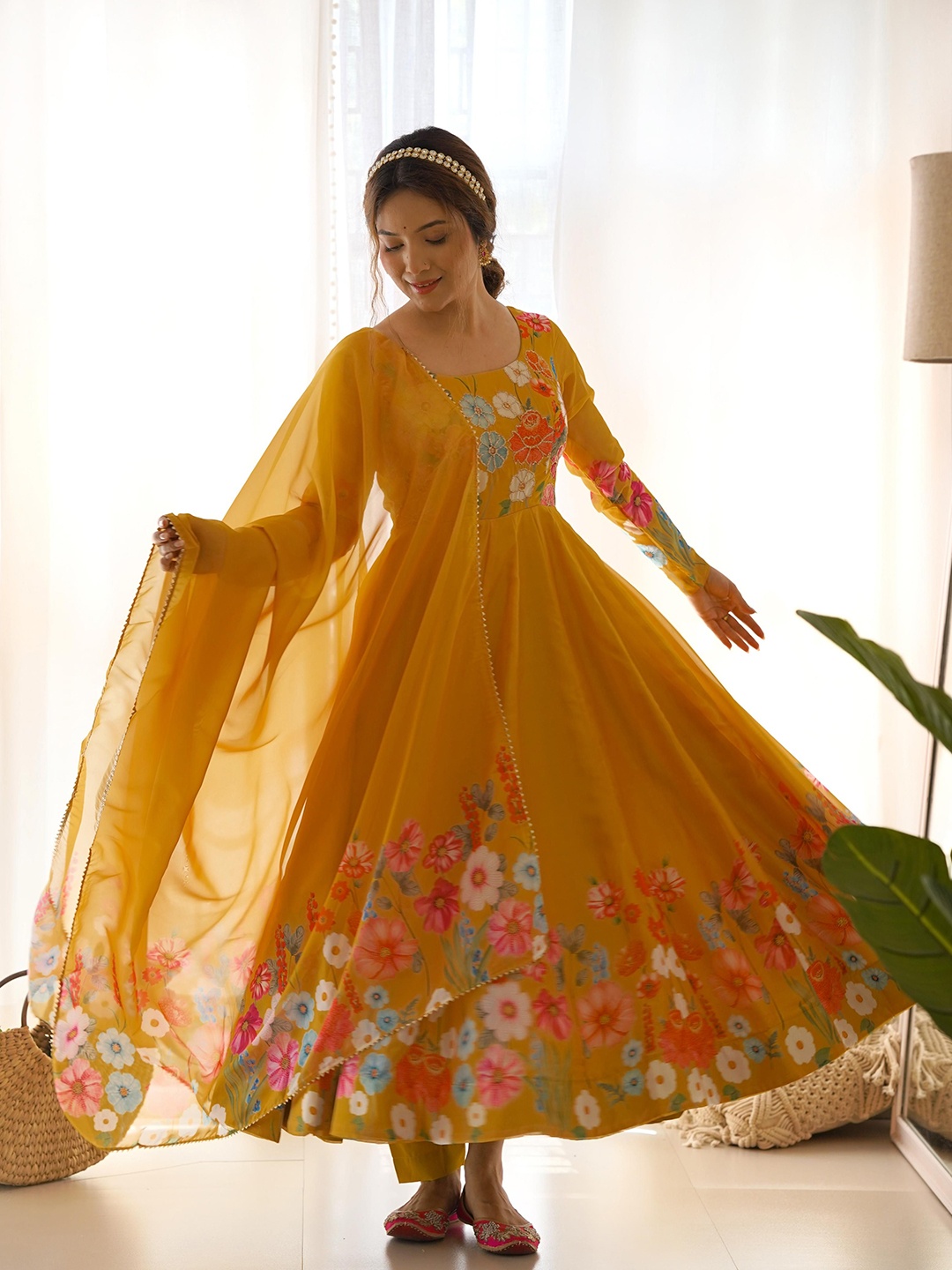 

LABELKBBRAND Floral Embroidered Thread Work Organza Anarkali Kurta with Trousers & Dupatta, Mustard