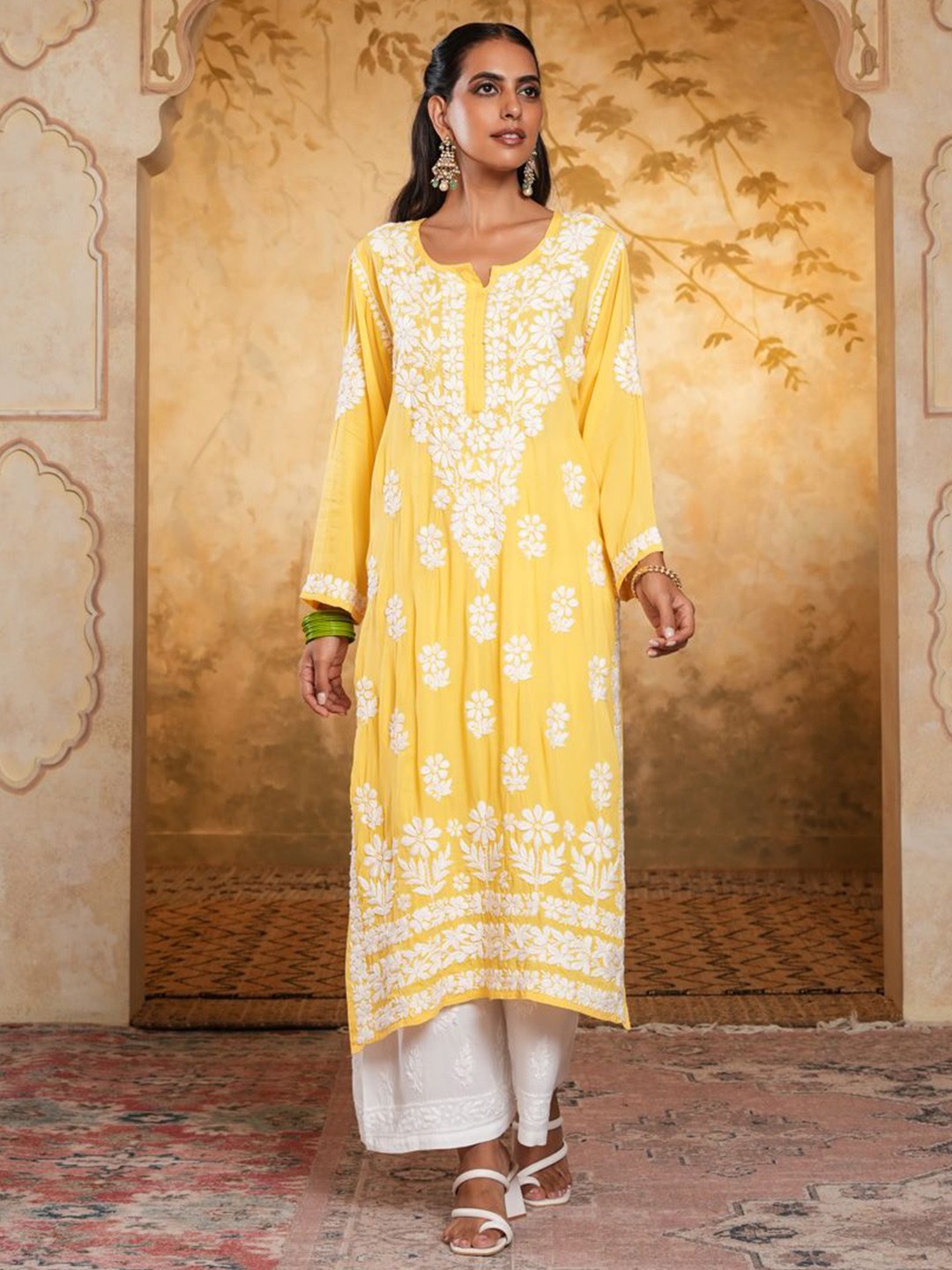 

House of Chikankari Floral Embroidered Cotton Straight Kurta, Yellow