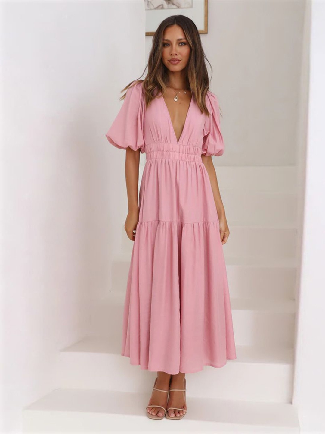 

MIAKEE Flutter Sleeve A-Line Midi Dress, Pink