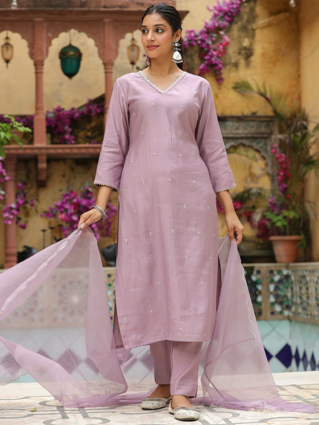 

Janasya Floral Embroidered Sequinned Kurta with Trousers & Dupatta, Purple