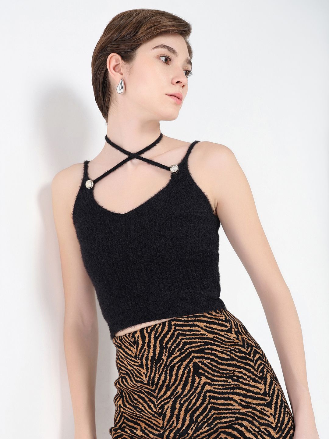 

SHOWOFF Women Tie-Up Neck Acrylic Top, Black