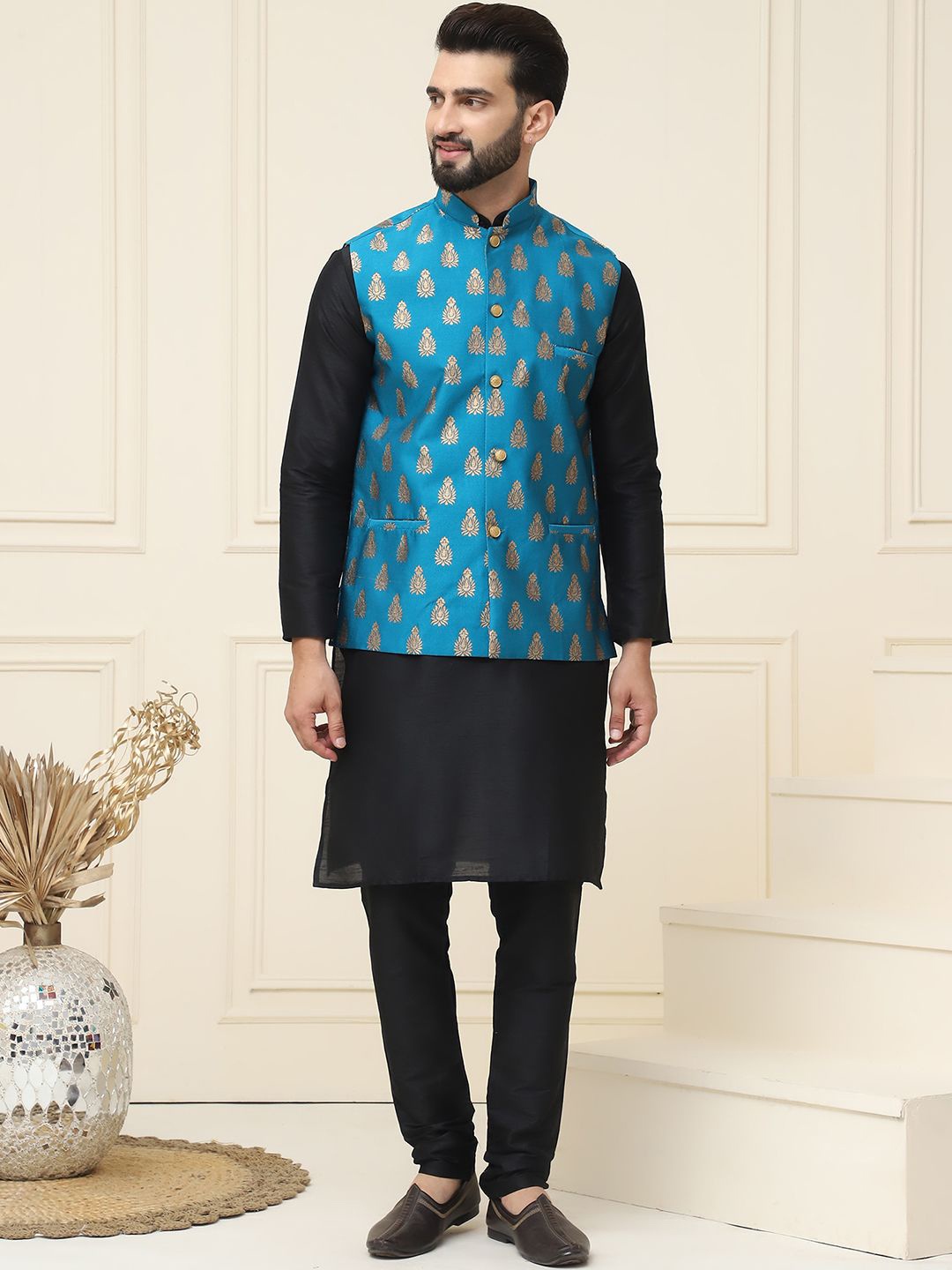

SOJANYA Mandarin Collar Silk Cotton Straight Kurta with Churidar & Nehru jacket, Black