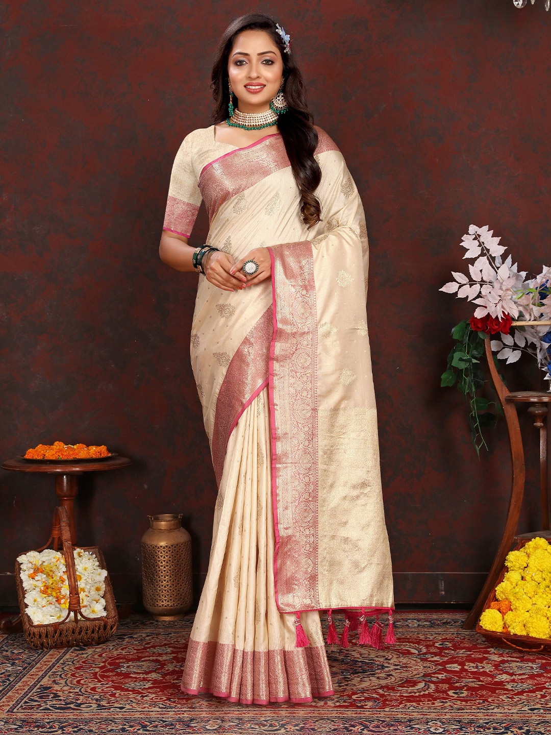 

Zeekha Ethnic Motifs Woven Design Zari Pure Silk Kanjeevaram Saree, Cream