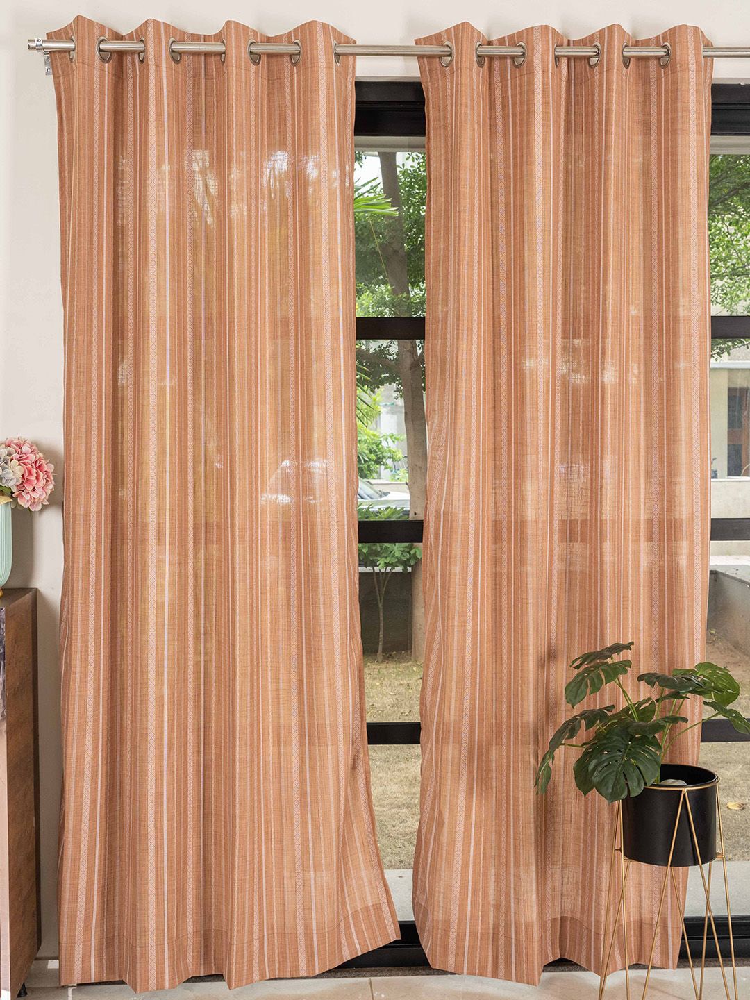 

URBAN SPACE Muddy Pink 2 Pieces Geometric Self Design Sheer Long Door Curtains