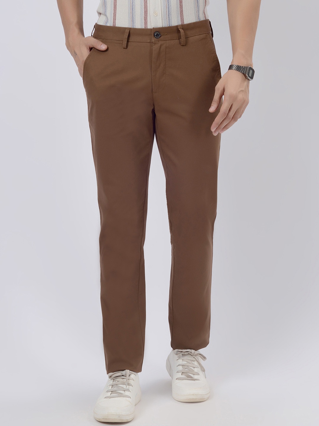 

JADE BLUE Men Mid-Rise Slim Fit Trousers, Brown