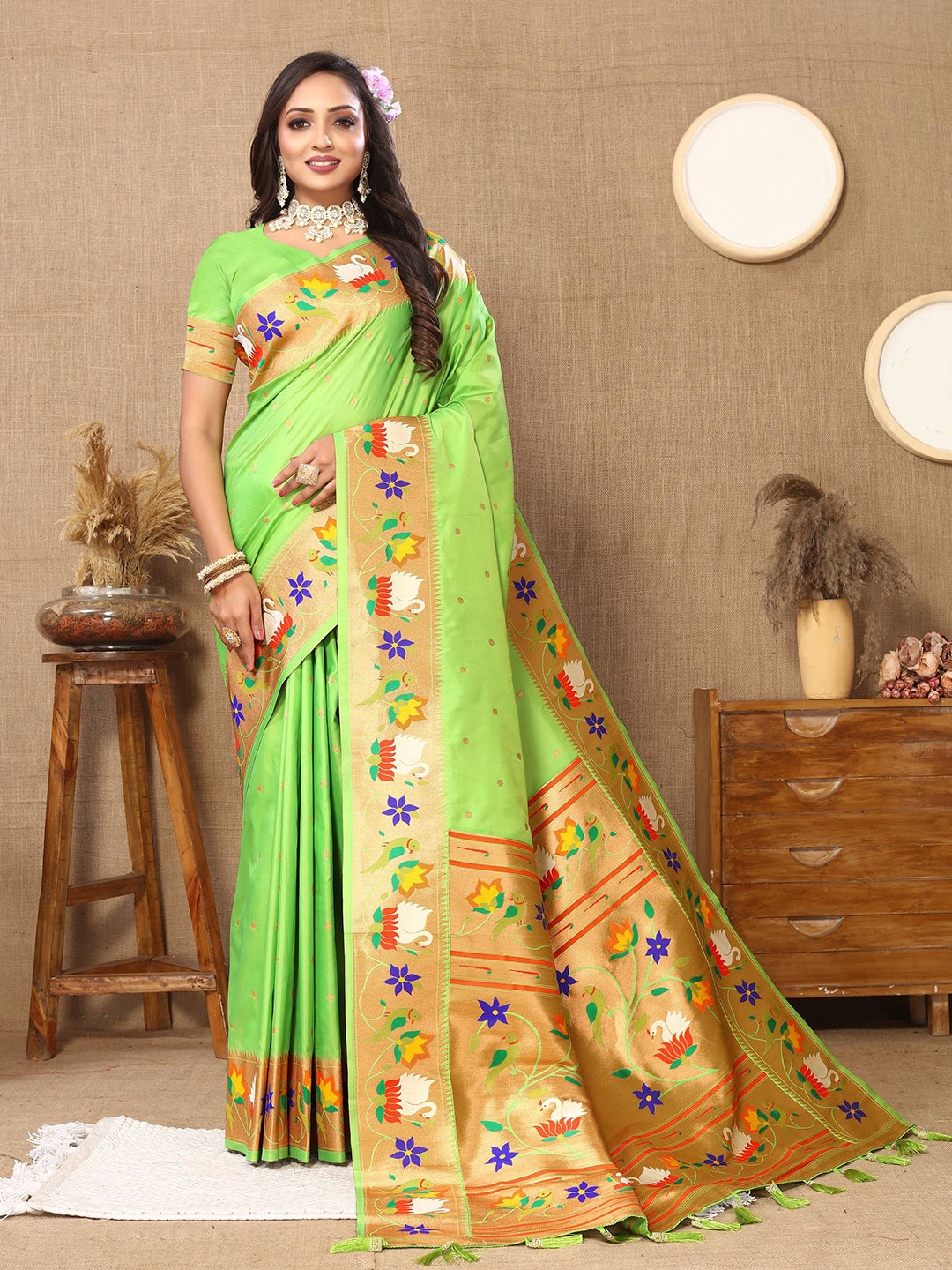 

Zeekha Ethnic Motifs Zari Pure Silk Kanjeevaram Saree, Sea green