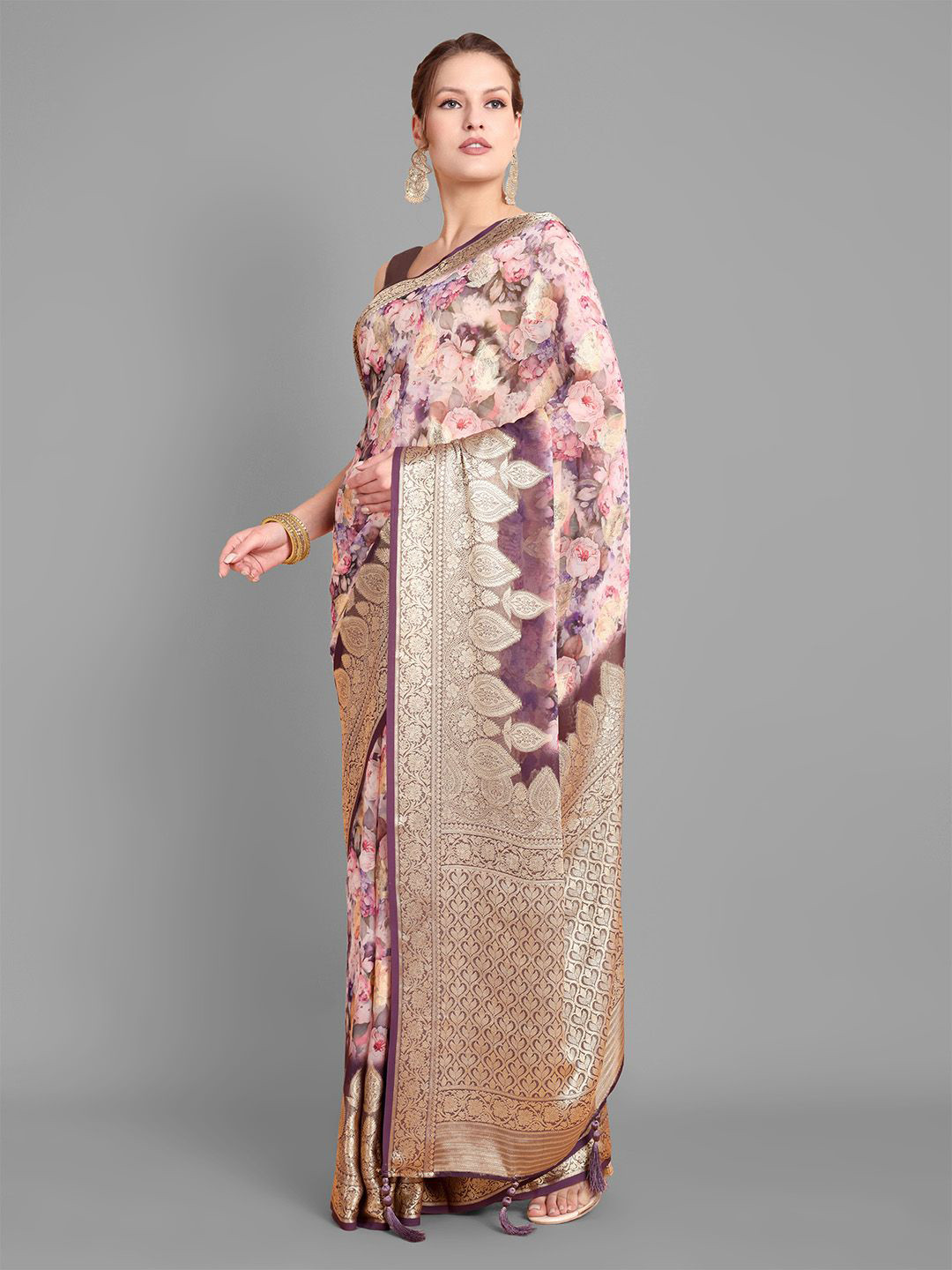 

Ishin Floral Zari Woven Design Floral Saree, Purple