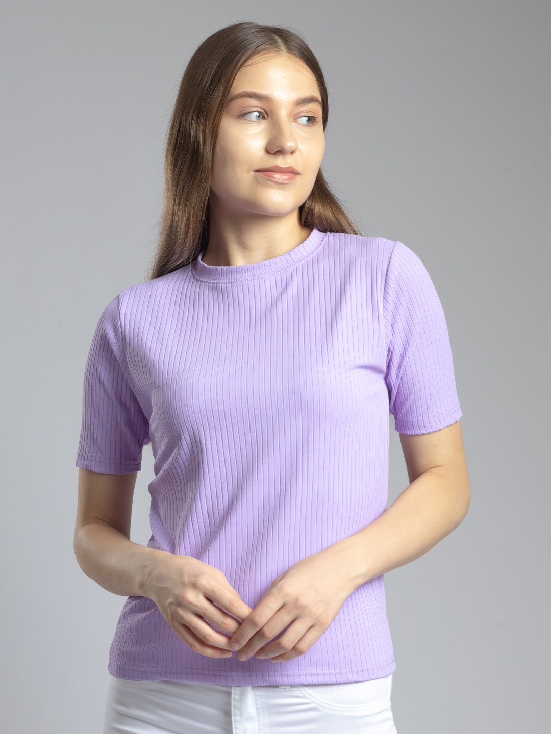 

Redamancii Women Solid Round Neck Polycotton Top, Lavender