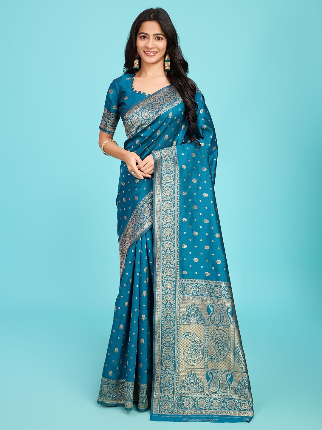 

RICH & ROMAN Woven Design Zari Pure Silk Banarasi Saree, Blue