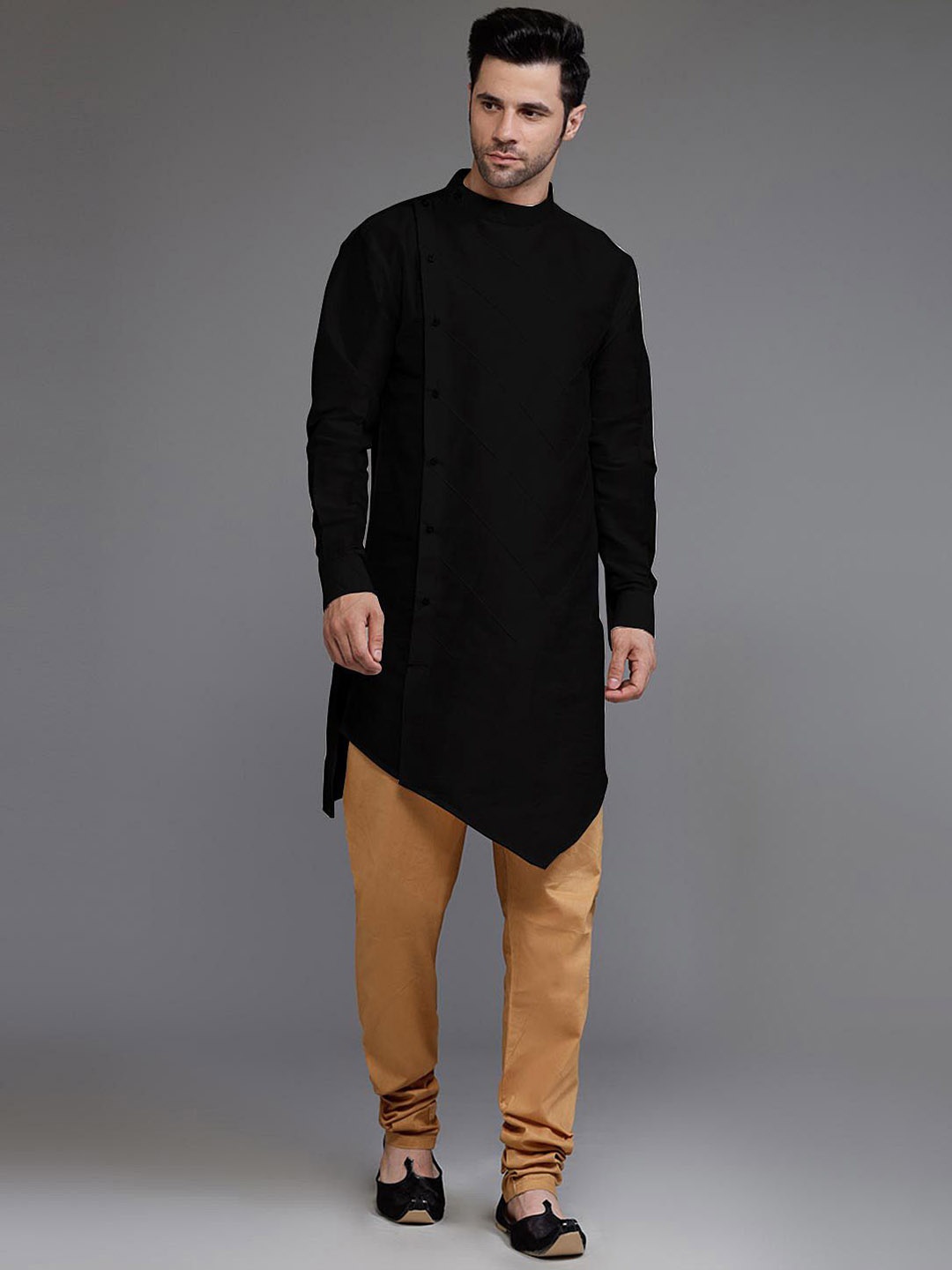 

Utsav Fashion Mandarin Collar Pintucked Angrakha Straight Kurta with Churidar, Black