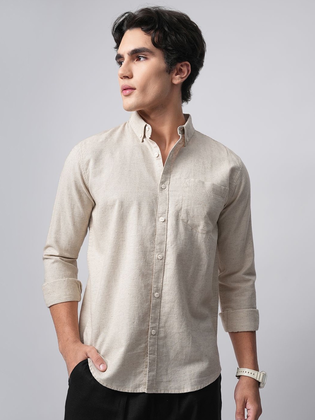 

British Club Men Standard Button-Down Collar Textured Cotton Casual Shirt, Beige