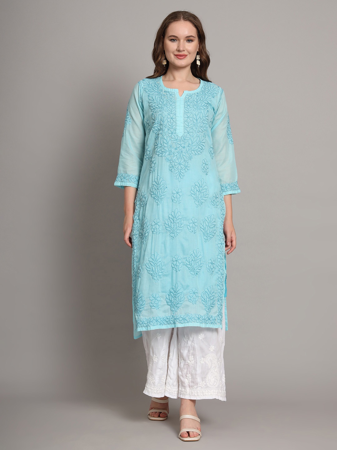 

The Chikan Label Floral Embroidered Chikankari Notch Neck Cotton Straight Kurta, Blue