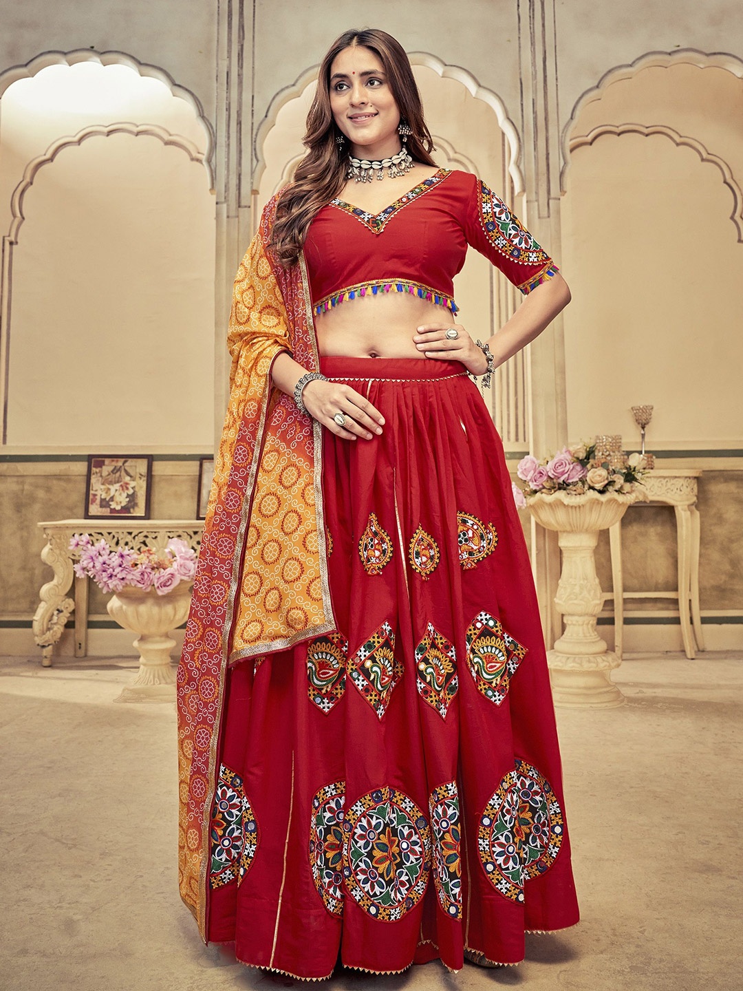 

KALINI Embroidered Thread Work Semi-Stitched Lehenga & Unstitched Blouse With Dupatta, Maroon