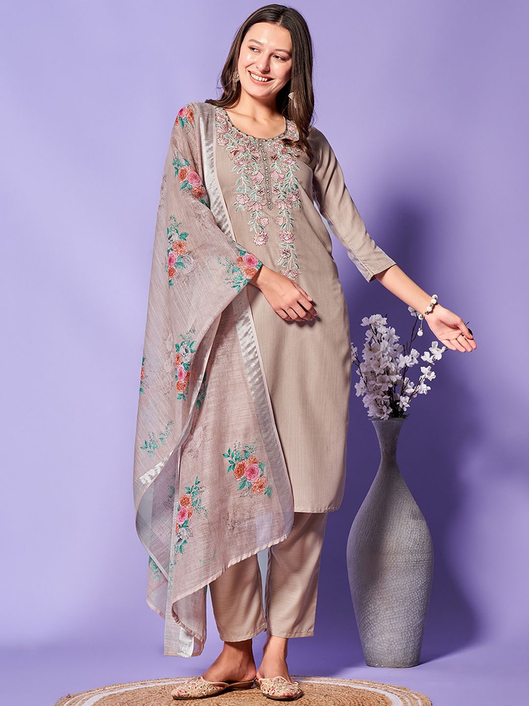 

KALINI Floral Embroidered Thread Work Straight Kurta with Trousers & Dupatta, Grey