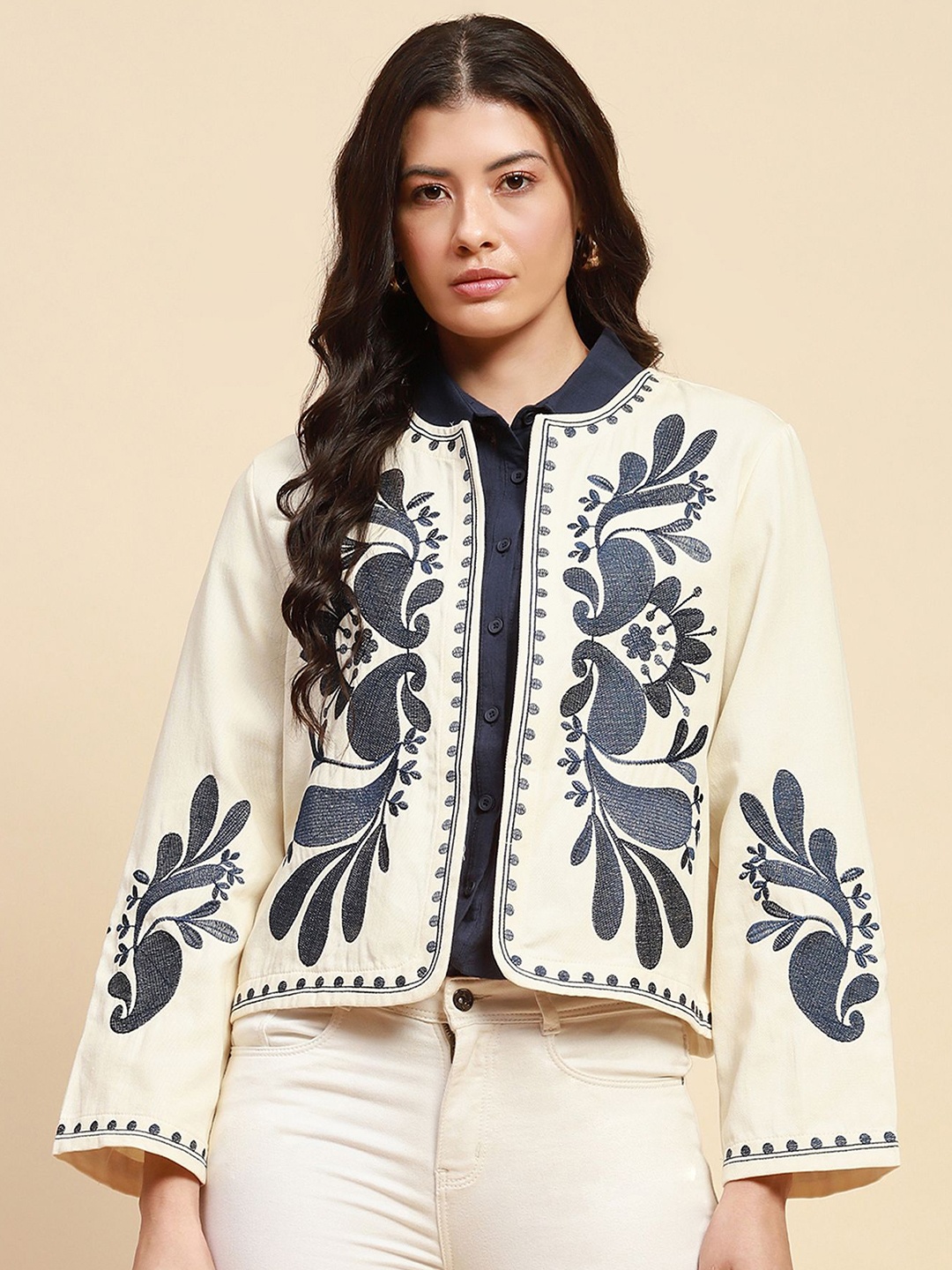 

Global Republic Embroidered Cotton Open Front Shrug, Blue