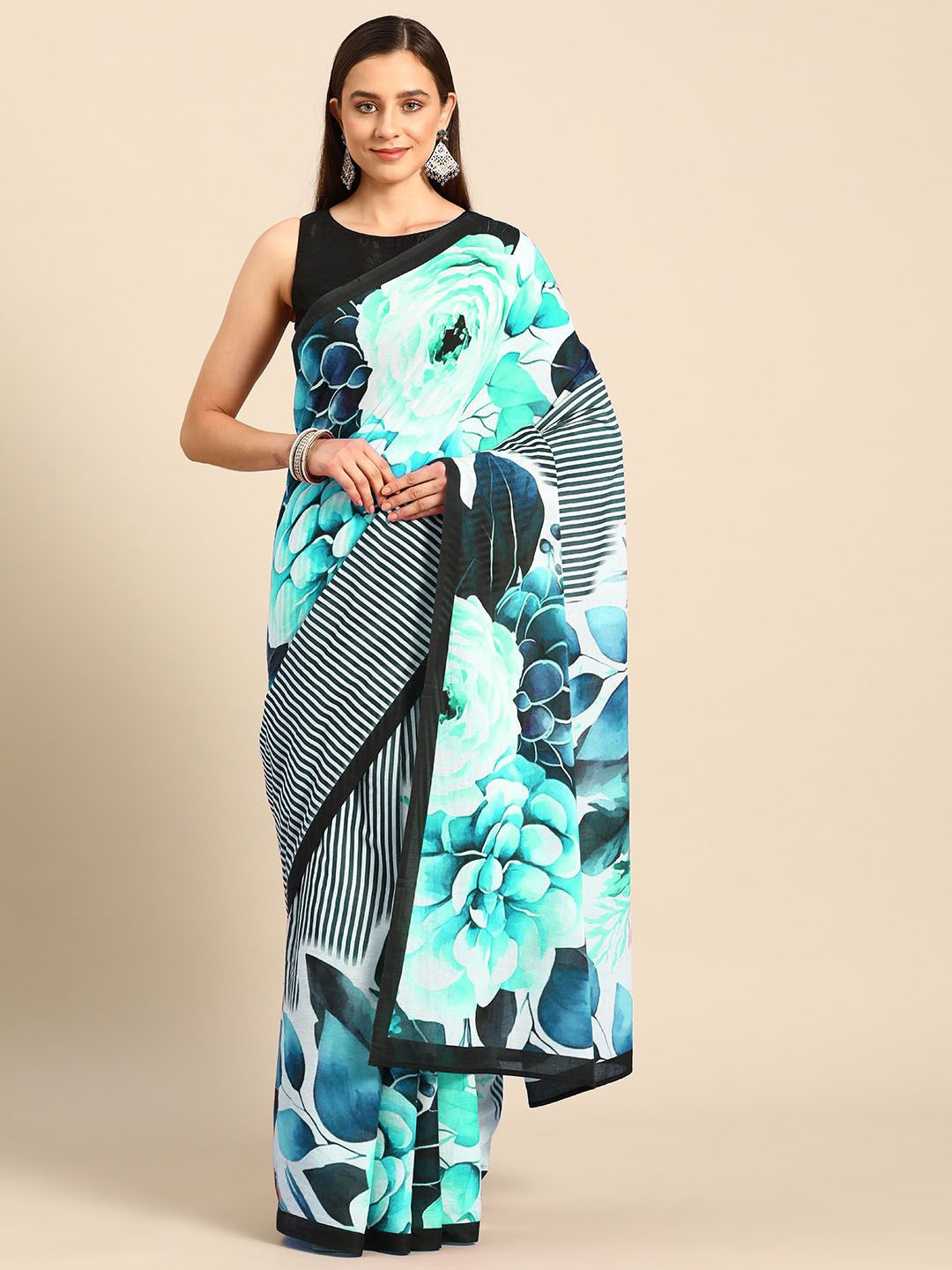 

BUTA BUTI Floral Printed Pure Cotton Saree, Turquoise blue